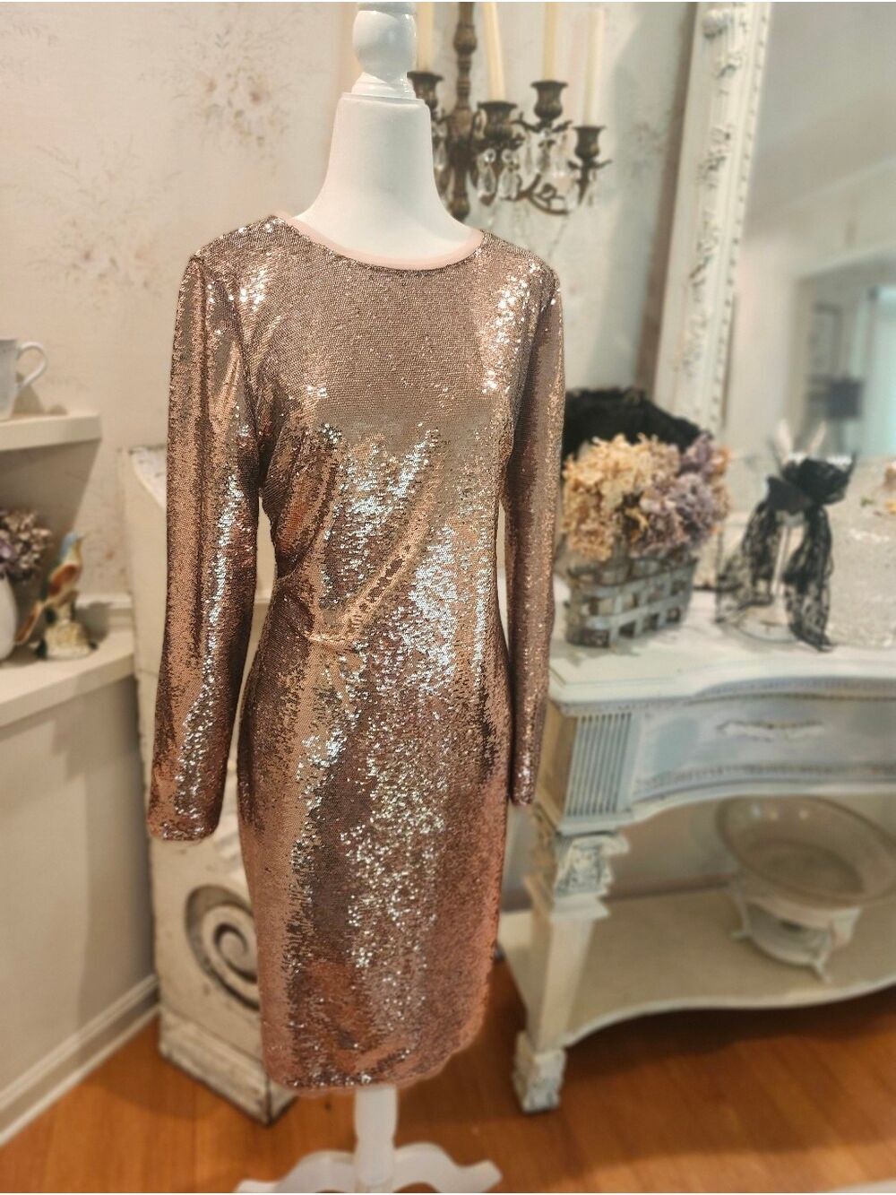 Calvin Klein Rose Gold Sequin Cocktail Dress Long Sleeve Holiday Party 8 L